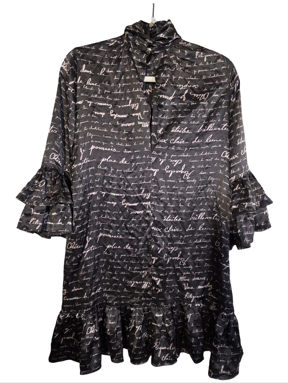 Cinq à Sept Love Note Script Print Ruffle Mock Neck Mini Dress Black Pink - Picture 3 of 11